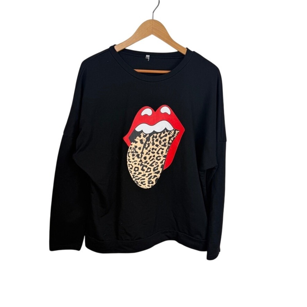 Womens Black Graphic‎ Sweatshirt Lips Tongue Leopard Print Size L